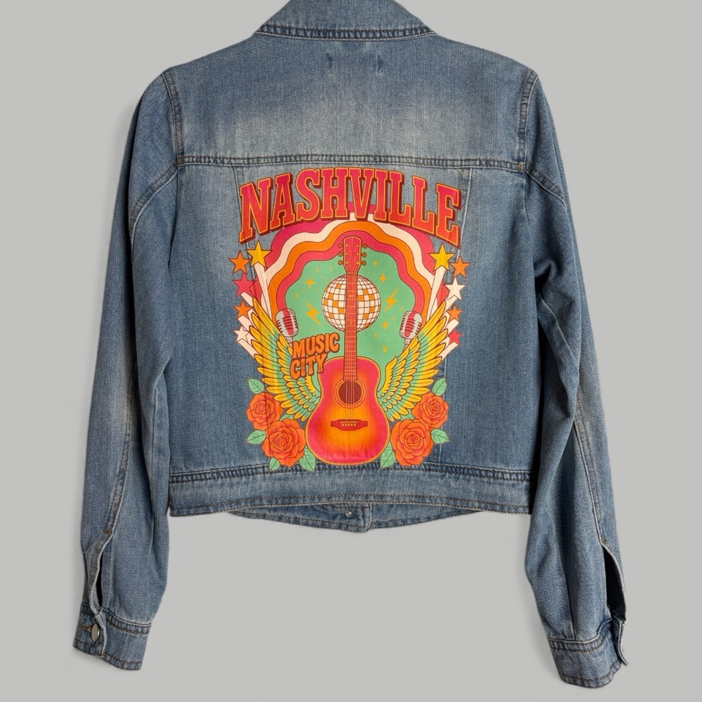 Ci Sono Light Blue Denim Jacket with Retro Nashville Graphic - Picture 7 of 9